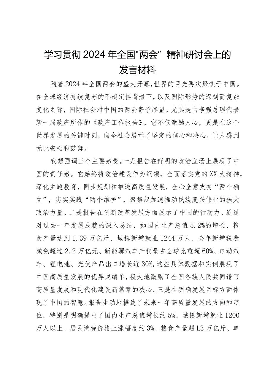 学习贯彻2024年全国“两会”精神研讨会上的发言材料.docx_第1页