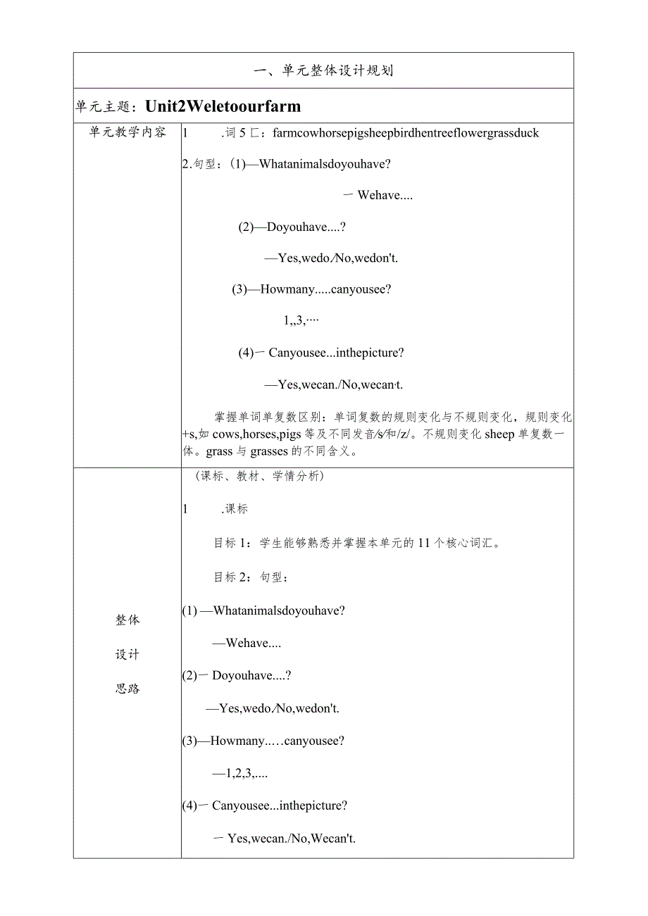 重大版四年级下册Unit 2 Welcome to our farm 表格式大单元教案.docx_第2页