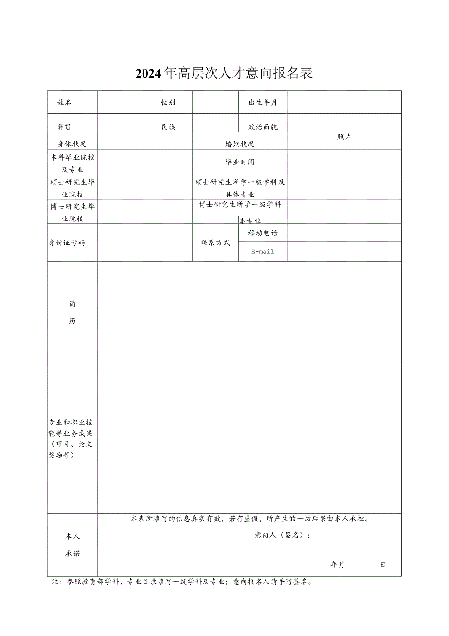 2024年高层次人才意向报名表.docx_第1页