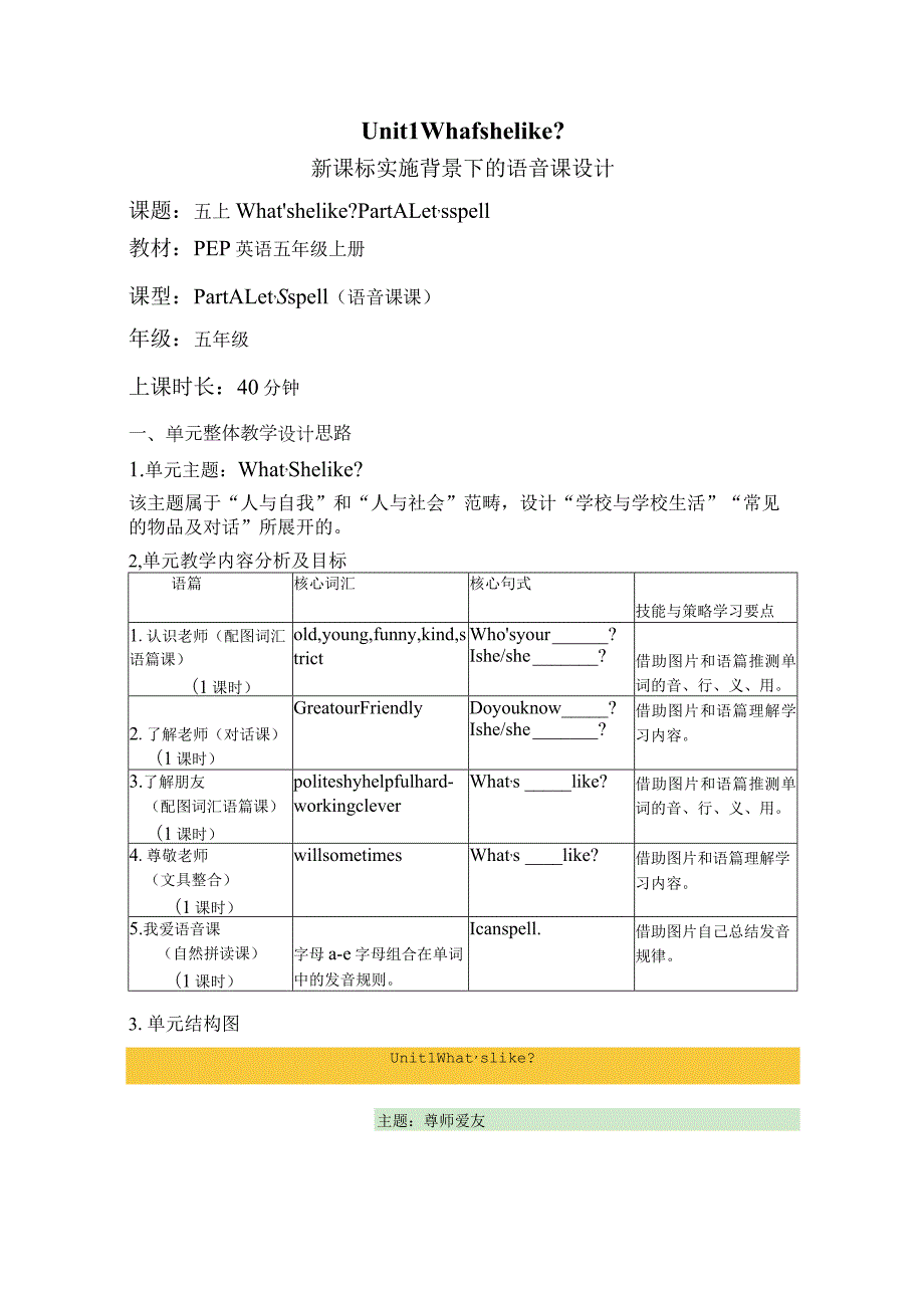 Unit1 What's he like Part A Let's spell 大单元教学设计 人教pep五上.docx_第1页