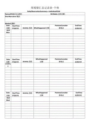 3个体观察记录表：周汇总表Weekly Observaton Summary-Individual Child.docx