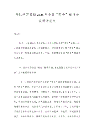 传达学习贯彻2024年全国“两会”精神会议讲话范文.docx