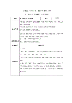 20 大脑的开发与利用（教案）苏教版科学五年级上册.docx