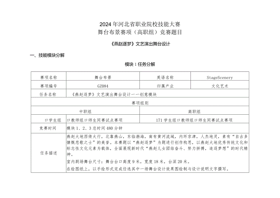 2024年度河北省职业院校技能大赛舞台布景赛项赛题《燕赵逐梦》.docx_第1页