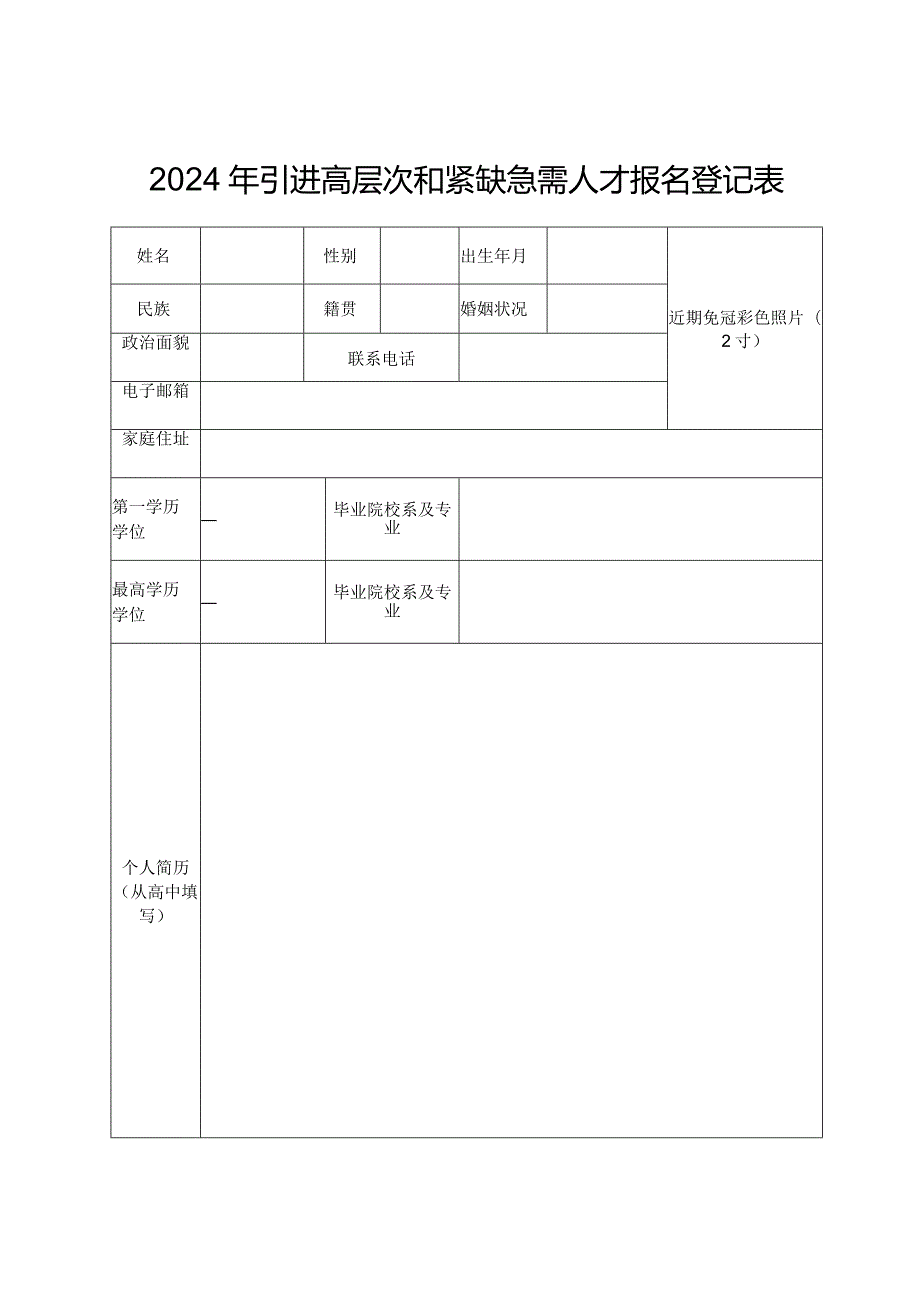 2024年引进高层次和紧缺急需人才报名登记表.docx_第1页