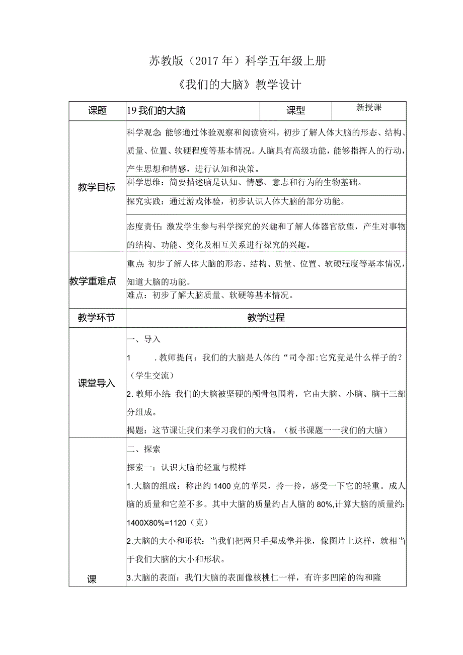 19 我们的大脑（教案）苏教版科学五年级上册.docx_第1页