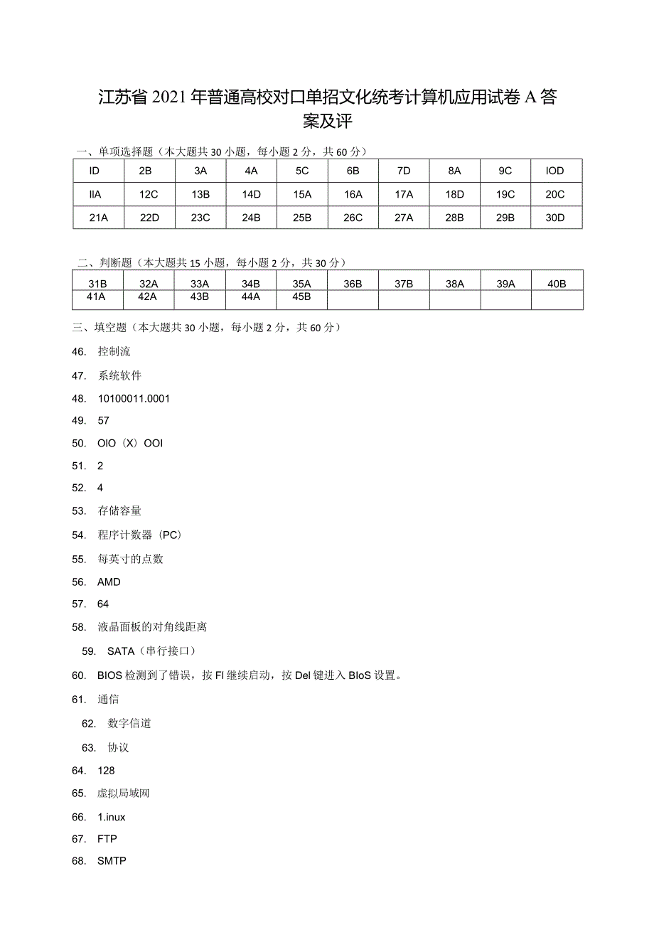 江苏省2021年普通高校对口单招文化统考计算机应用试卷A答案及评.docx_第1页