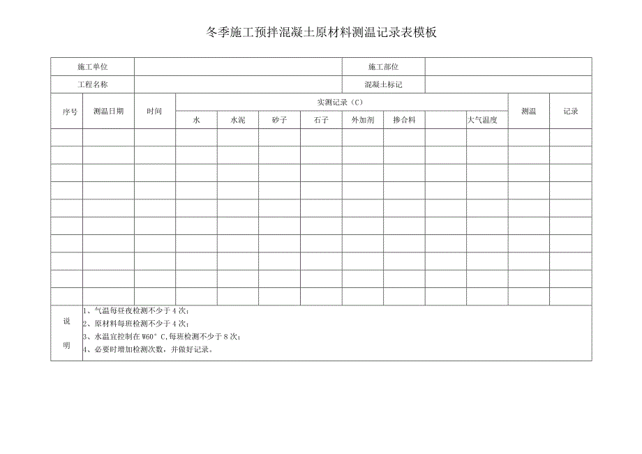 冬季施工预拌混凝土原材料测温记录表模板.docx_第1页