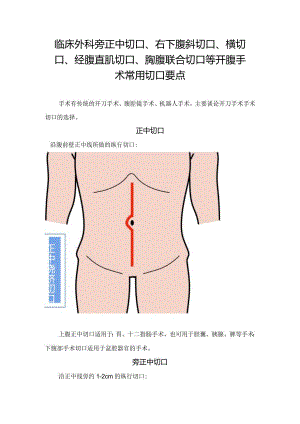 临床外科旁正中切口、右下腹斜切口、横切口、经腹直肌切口、胸腹联合切口等开腹手术常用切口要点.docx