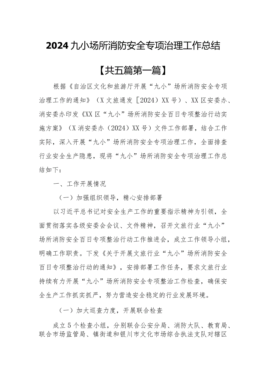 （5篇）2024关于“九小”场所消防安全专项治理工作总结安全隐患排查工作情况汇报及推进会上的讲话.docx_第2页