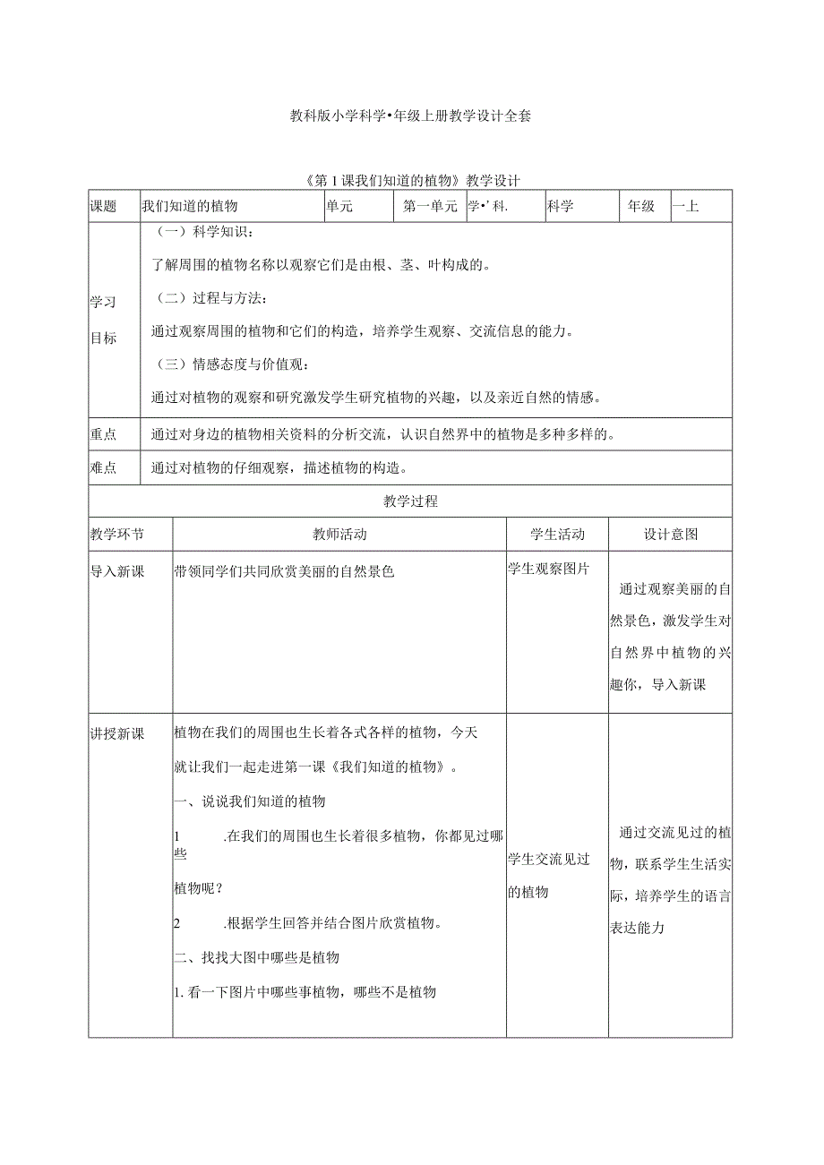 教科版小学科学一年级上册教学设计全套（表格）.docx_第1页