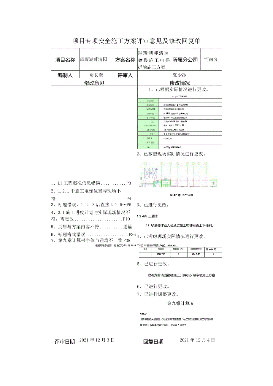 璀璨湖畔清园4#楼施工电梯拆除施工方案（B)项目专项安全施工方案评审意见及修改回复单.docx_第1页