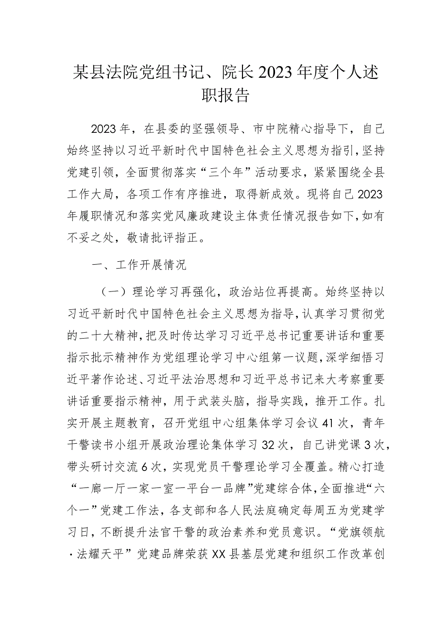 某县法院党组书记、院长2023年度个人述职报告.docx_第1页