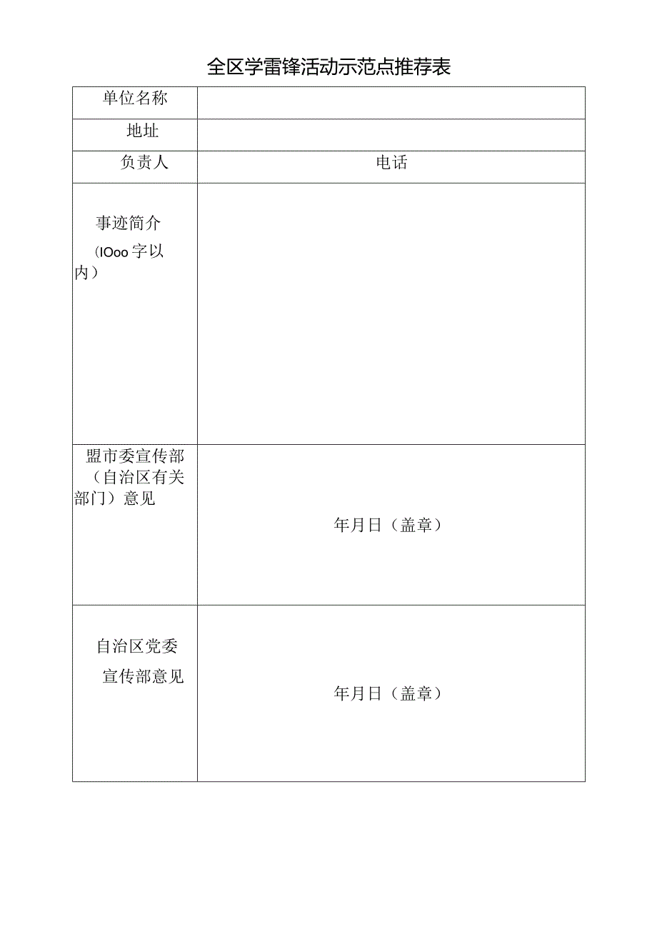 全区学雷锋活动示范点推荐表.docx_第1页