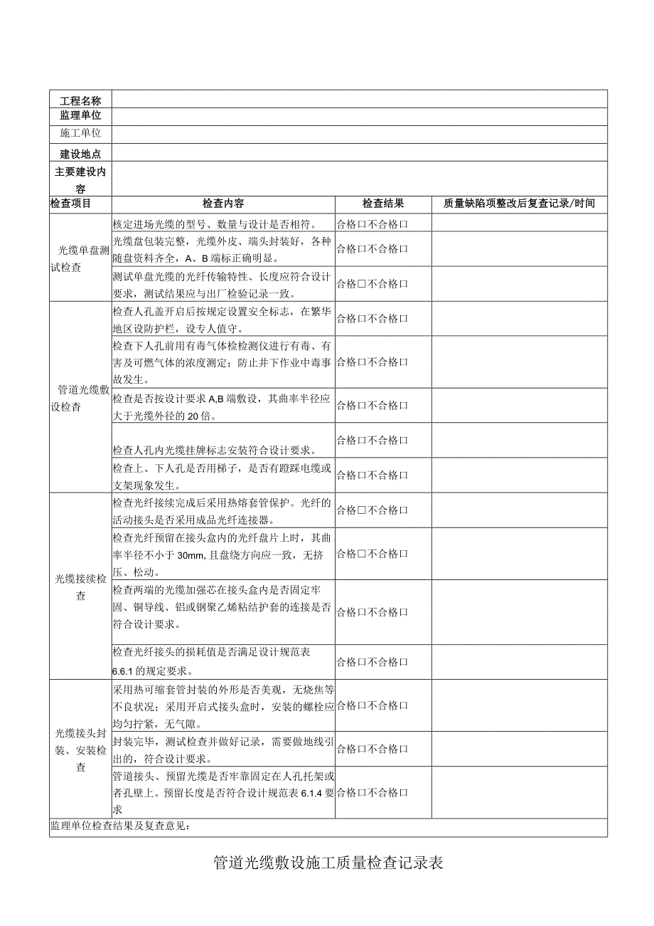 管道光缆敷设质量检查记录表.docx_第1页