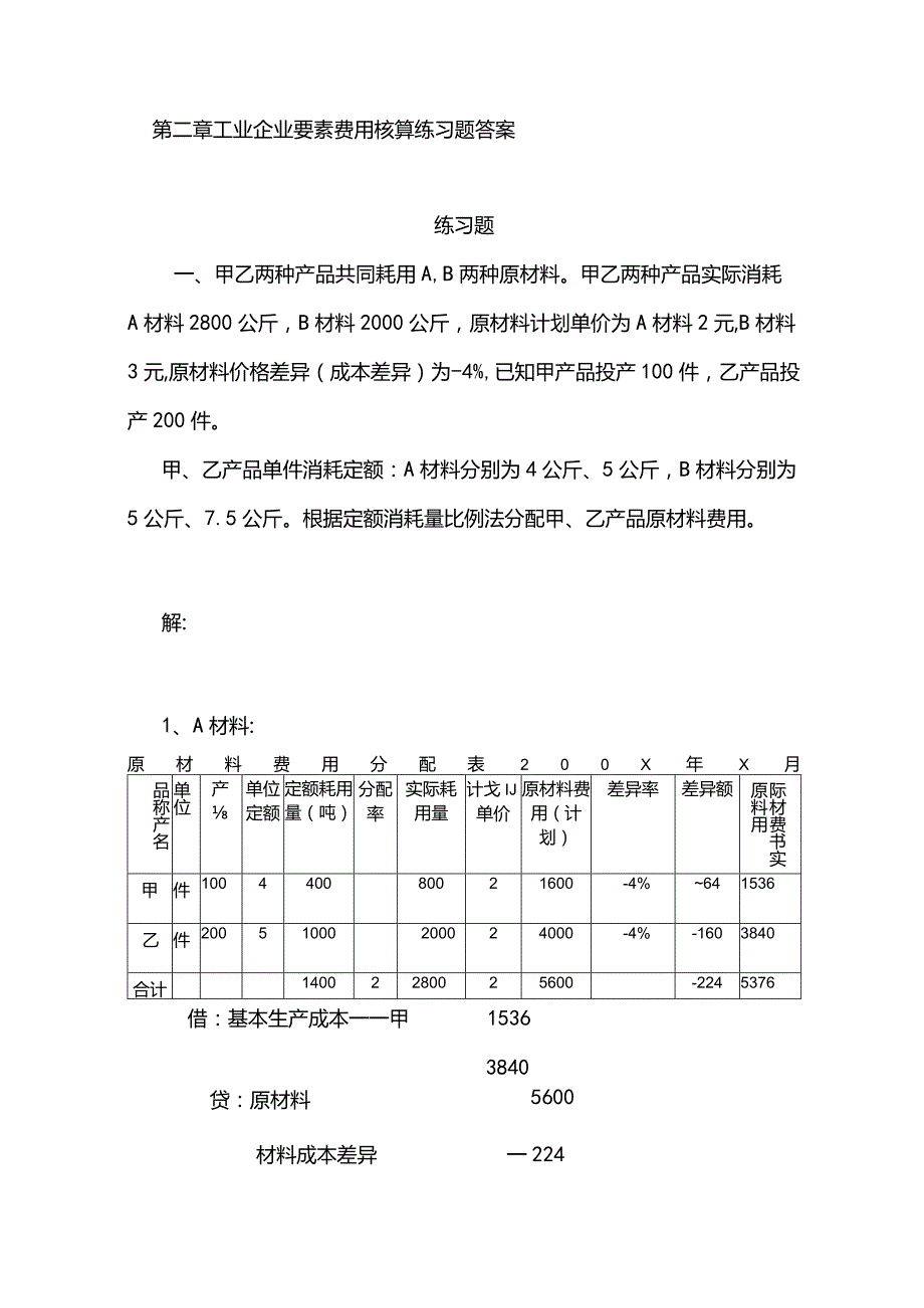 成本会计课件第二章 工业企业要素费用核算练习题答案.docx_第1页