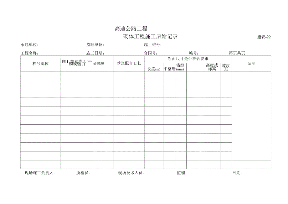 施表-22砌体工程施工原始记录表.docx_第1页