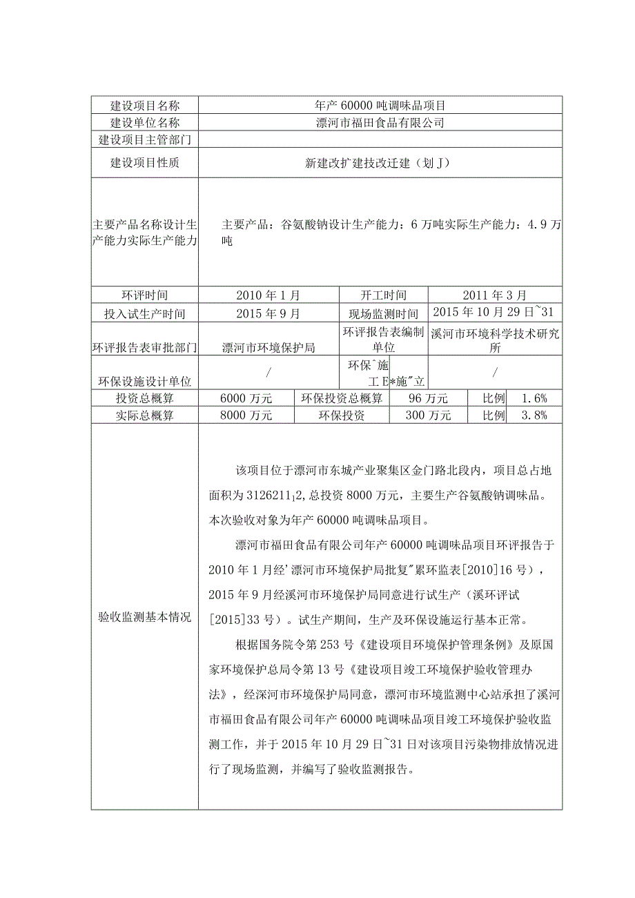 环保验收公示-漯河市福田食品有限公司年产60000吨调味品项目验收监测表.docx_第1页