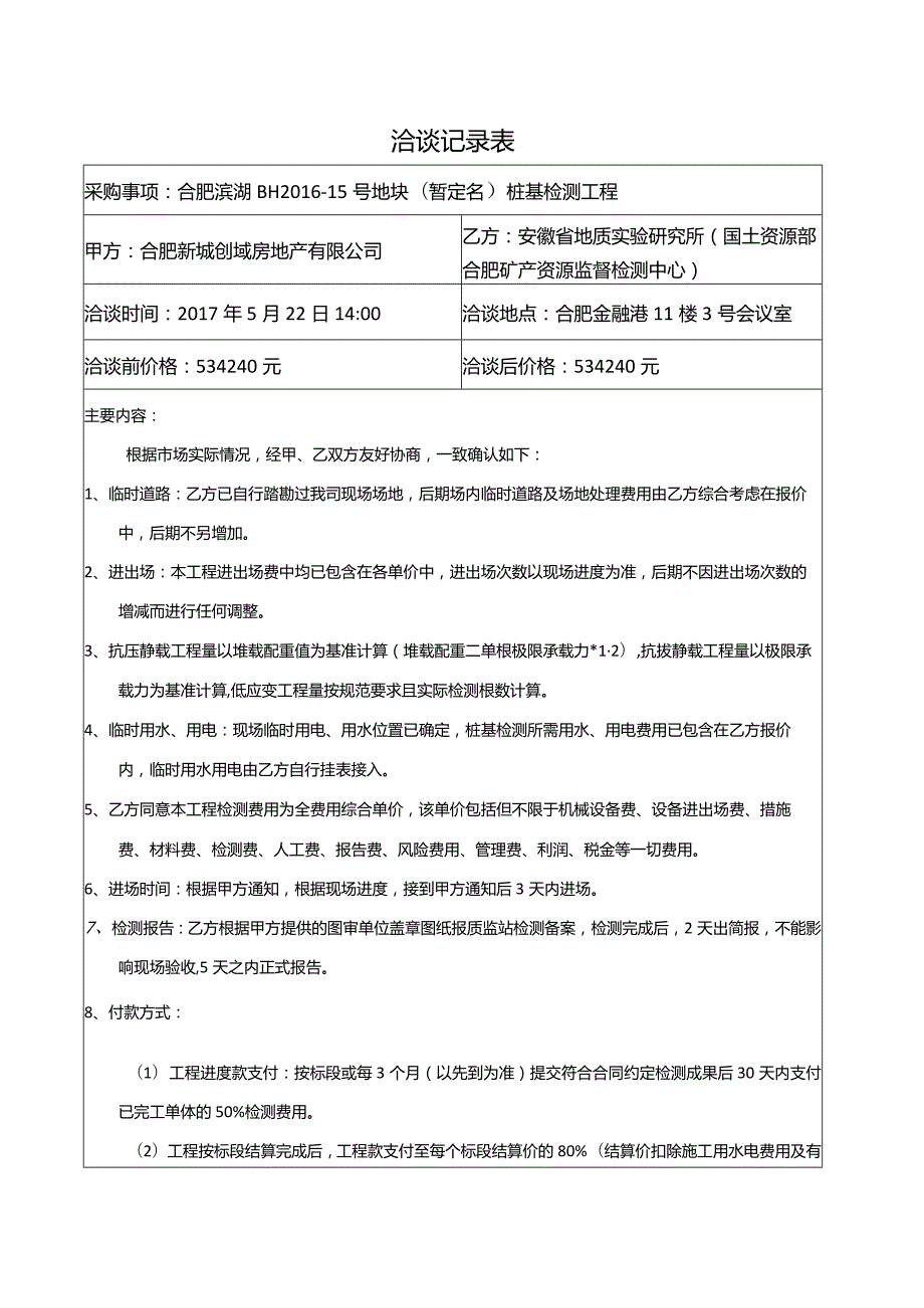 洽谈记录表（合肥滨湖BH2016-15号地块（暂定名）桩基检测工程）.docx_第1页