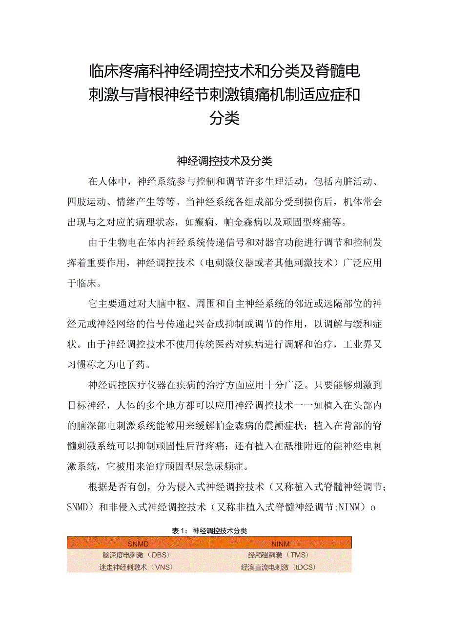 临床疼痛科神经调控技术和分类及脊髓电刺激与背根神经节刺激镇痛机制适应症和分类.docx_第1页