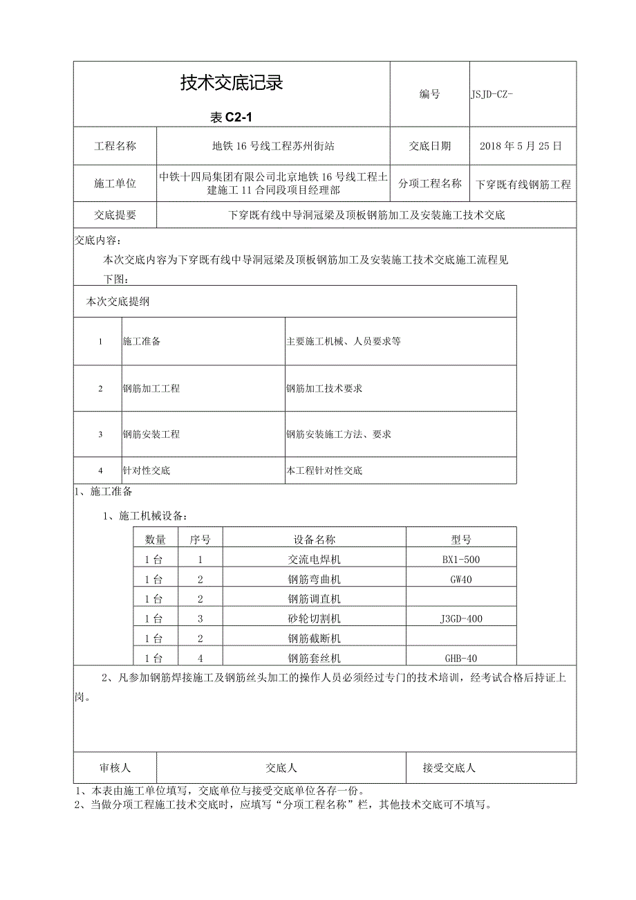 下穿既有线中导洞冠梁及顶板钢筋加工及安装施工技术交底.docx_第1页