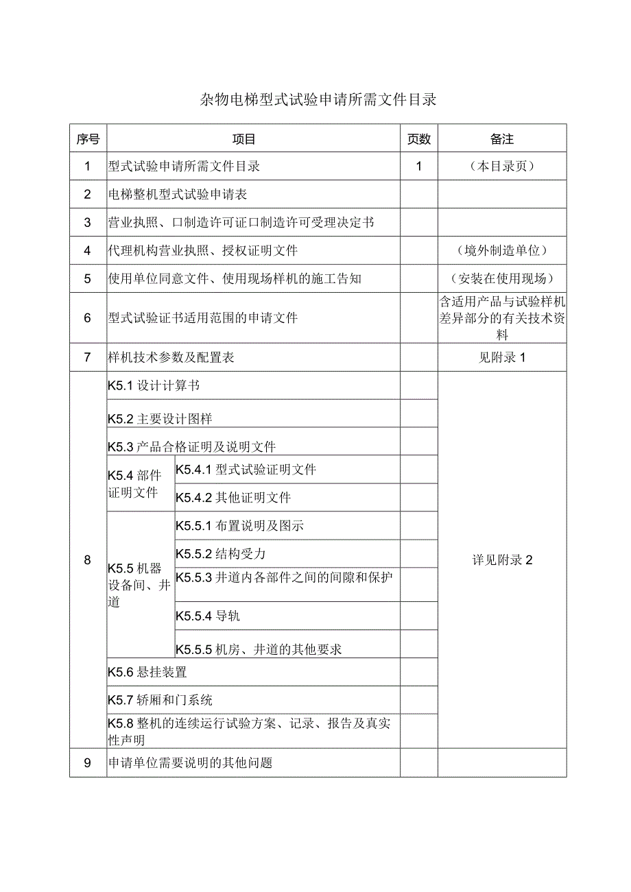 型式试验申请所需文件目录——杂物电梯.docx_第1页