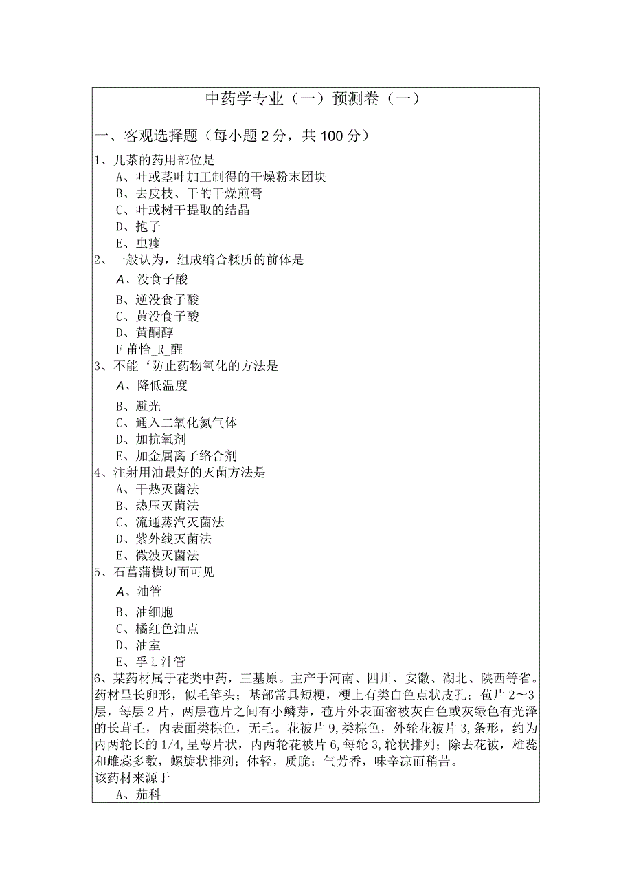 中药学专业（一）预测卷(含四卷)及答案.docx_第1页