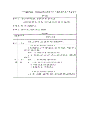 九年级上册单元总结课：明确议论性文章中材料与观点的关系 教学设计（表格式）.docx