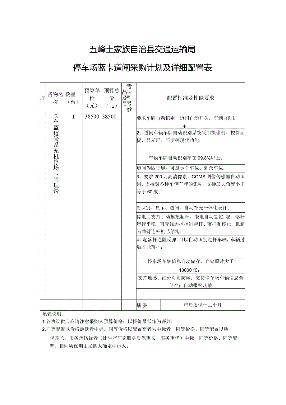 五峰土家族自治县交通运输局停车场蓝卡道闸采购计划及详细配置表.docx_第1页