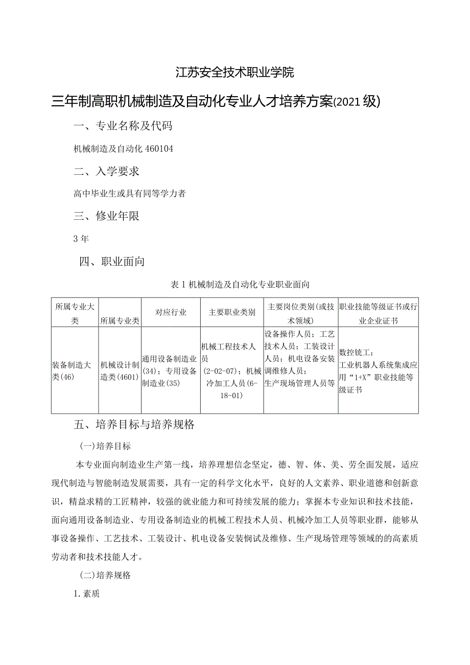 江苏安全技术职业学院三年制高职机械制造及自动化专业人才培养方案2021级.docx_第1页