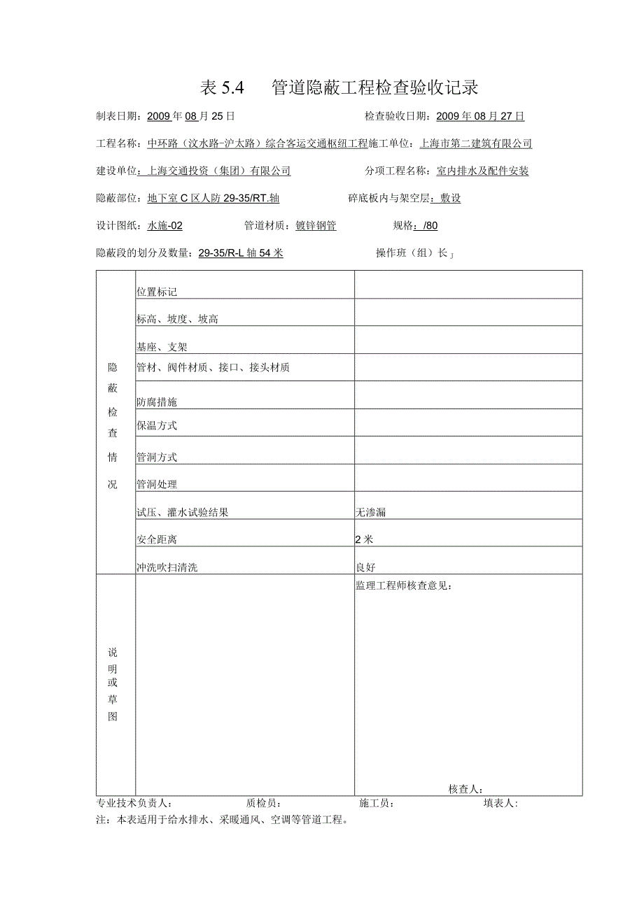 表5.4管道隐蔽工程检查验收记录（样）.docx_第1页