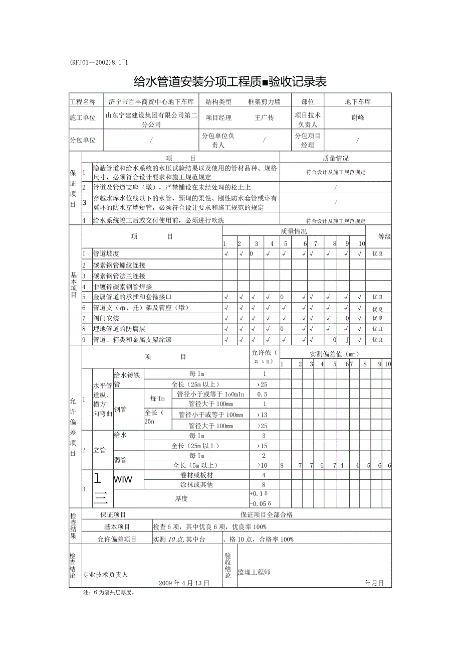 给水管道安装分项工程质量验收记录表1.docx_第1页