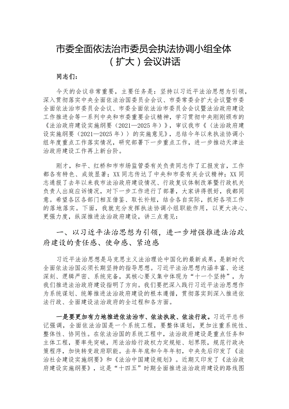 市委全面依法治市委员会执法协调小组全体（扩大）会议讲话.docx_第1页