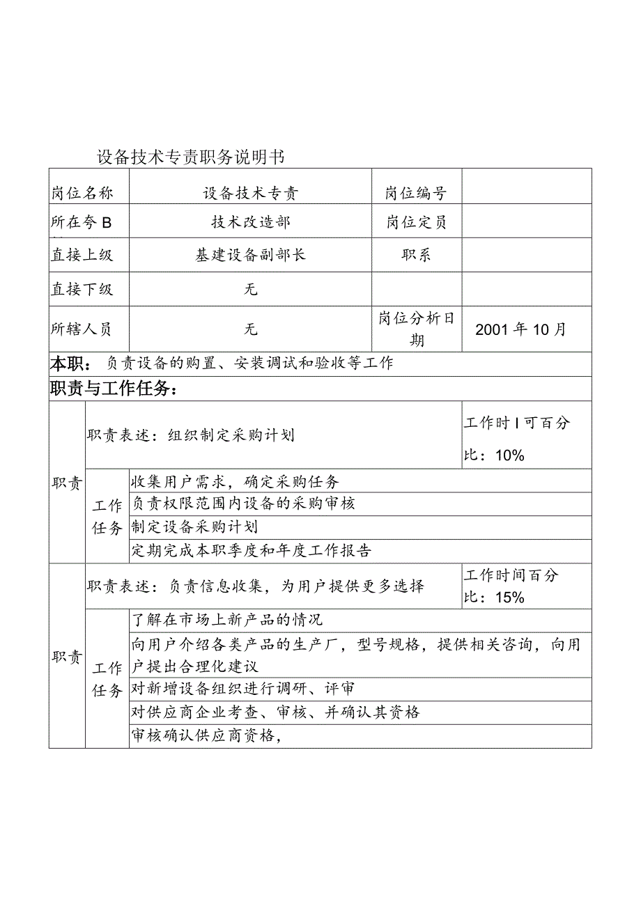 航材院技术改造部设备技术专责职务说明书.docx_第1页