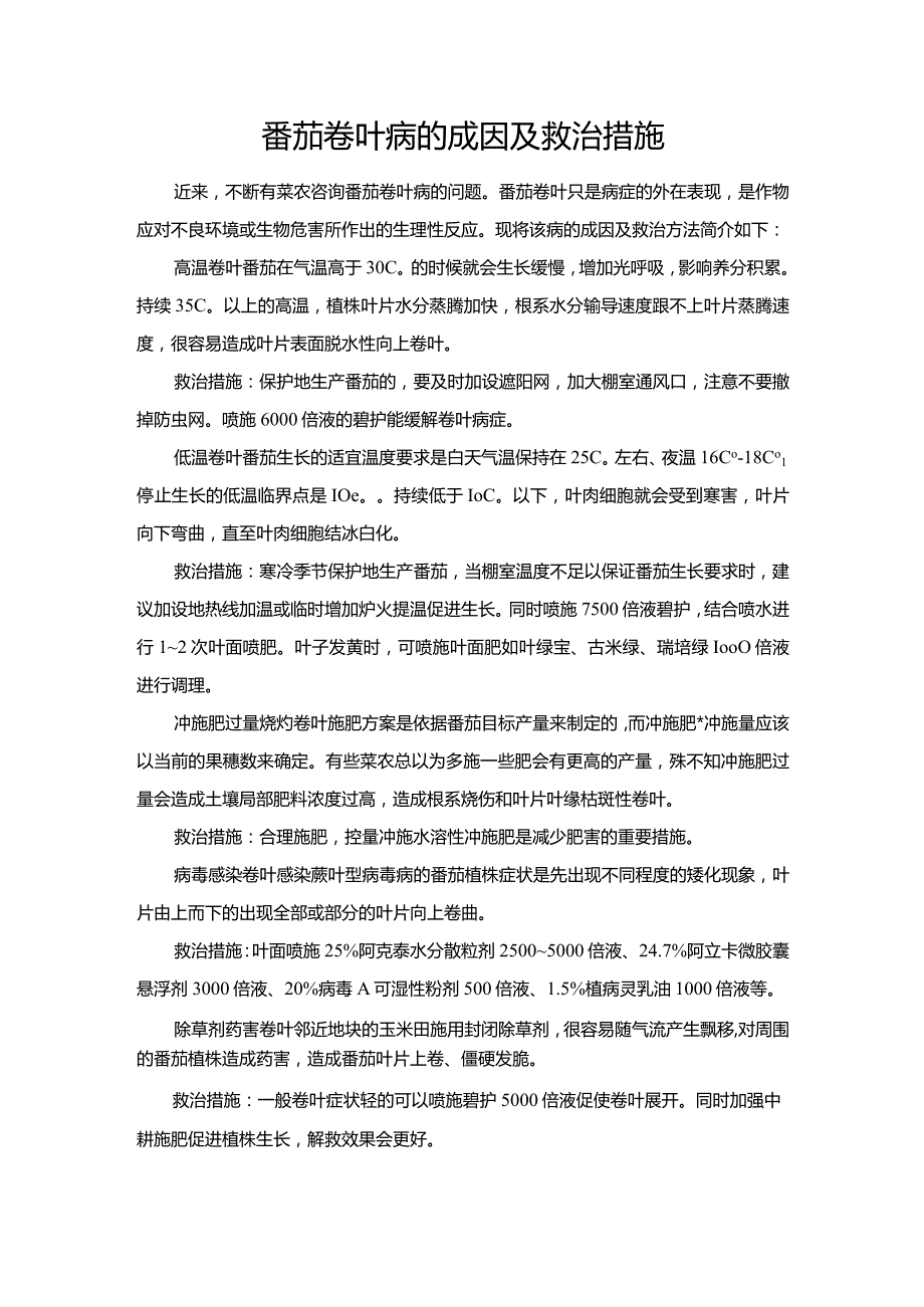 番茄卷叶病的成因及救治措施.docx_第1页