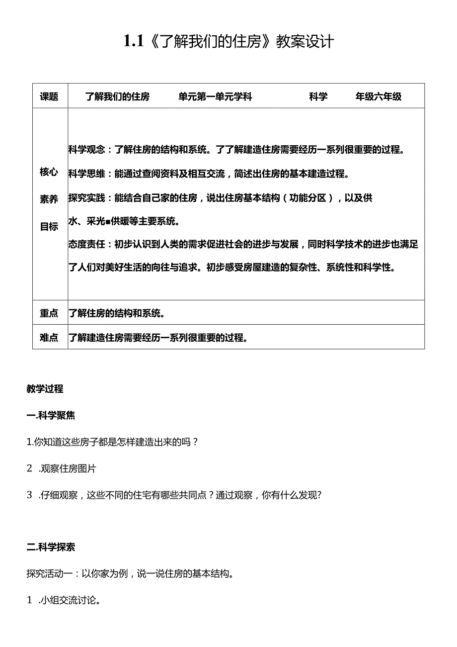 教科版六年级科学下册（核心素养目标）1-1了解我们的住房教案设计.docx_第1页