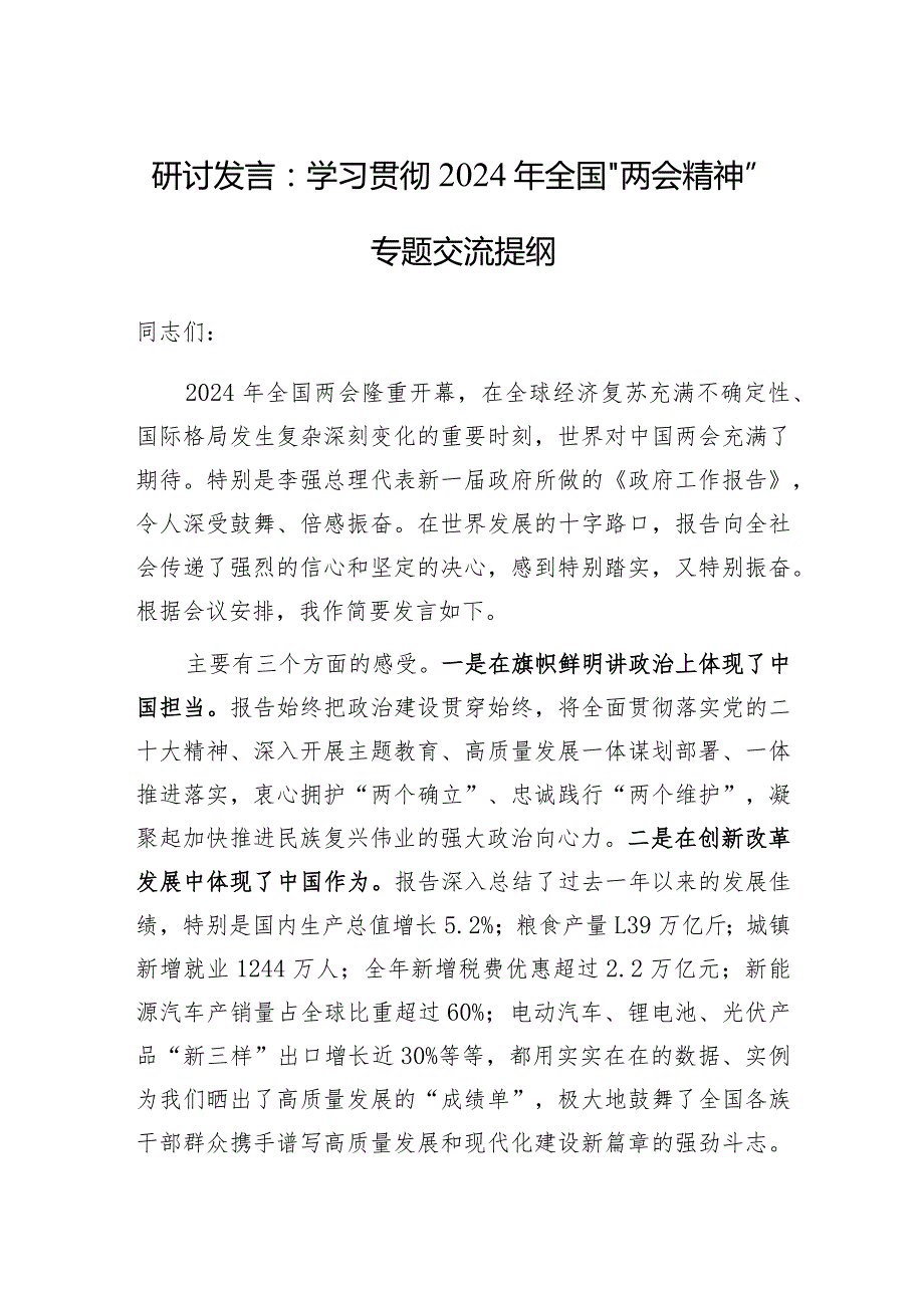 研讨发言：学习贯彻2024年全国“两会精神”专题交流提纲.docx_第1页