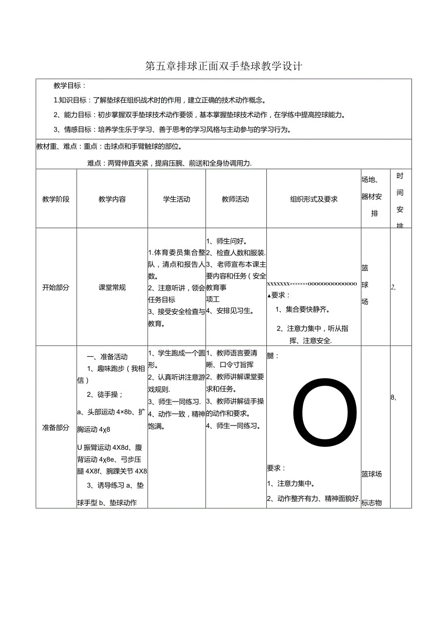 第五章排球正面双手垫球教学设计（表格式）2022-2023学年人教版初中体育与健康七年级全一册.docx_第1页