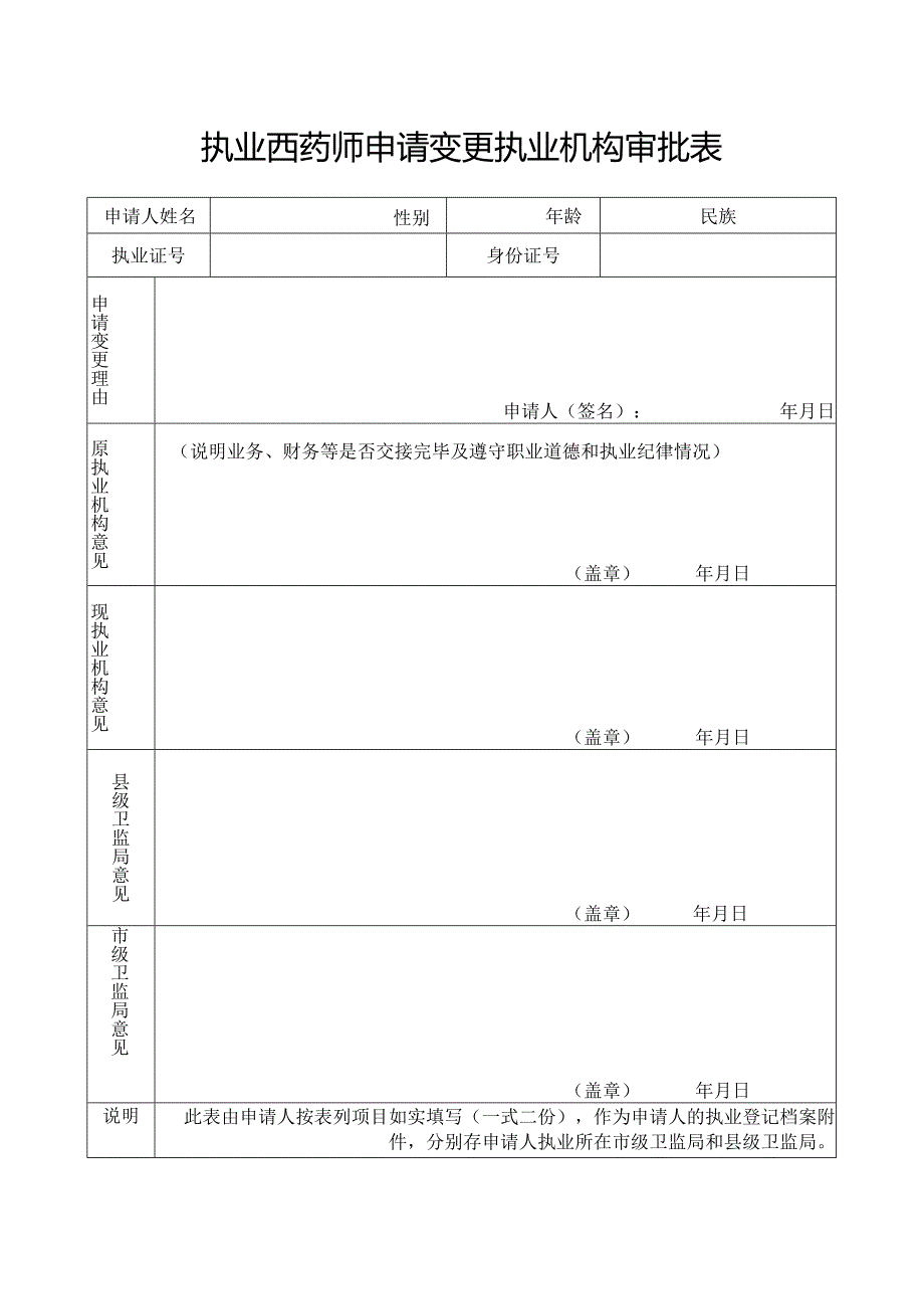 执业西药师申请变更执业机构审批表.docx_第1页