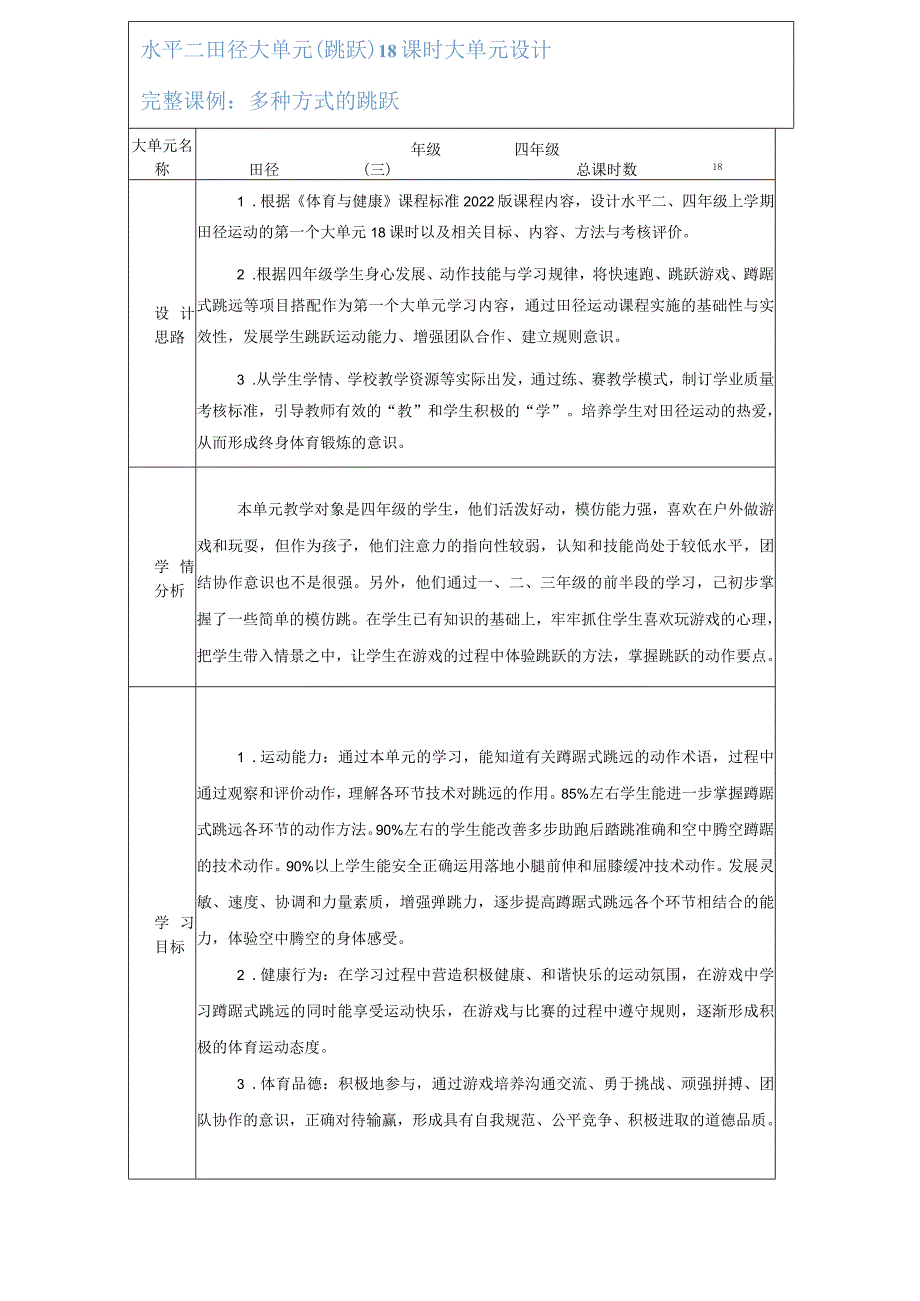 水平二（四年级）体育《跳跃--各种方式的单双脚原地跳跃和行进间向前跳跃》大单元教学设计（计划）及教案.docx_第1页