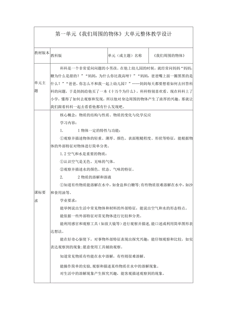 教科版科学一下第一单元《我们周围的物体》大单元整体教学规划解读.docx_第1页