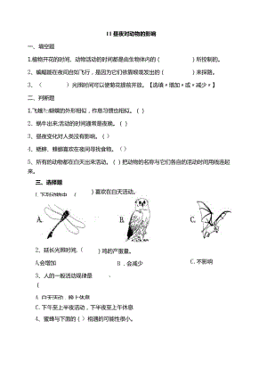 苏教版科学五下11昼夜对动物的影响试题（含答案解析）.docx