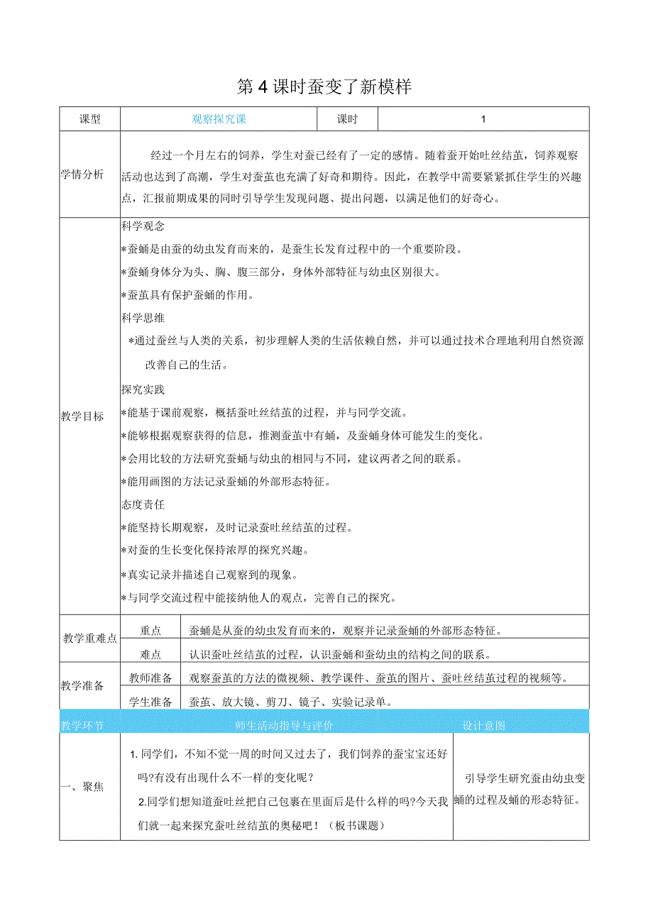 蚕变了新模样核心素养目标教案表格式新教科版科学三年级下册.docx_第1页