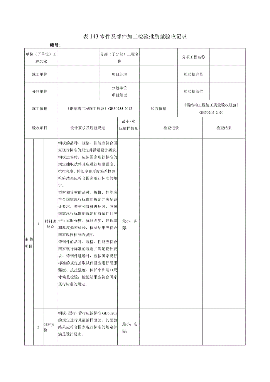 表143零件及部件加工检验批质量验收记录.docx_第1页