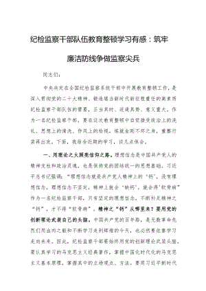 纪检监察干部队伍教育整顿学习有感：筑牢廉洁防线争做监察尖兵.docx