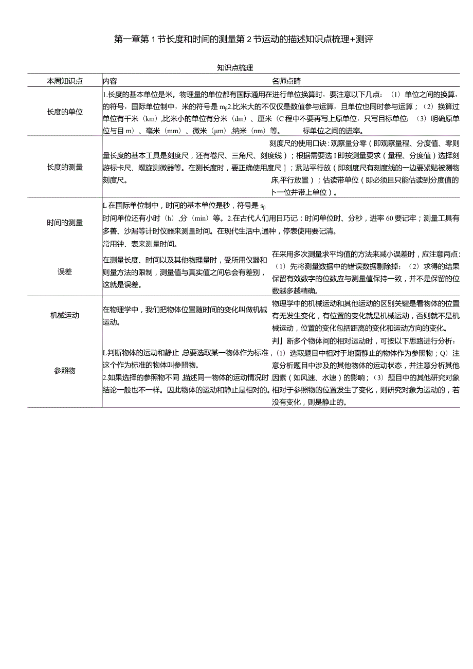 第一章第1节长度和时间的测量第2节运动的描述知识点梳理+测评.docx_第1页