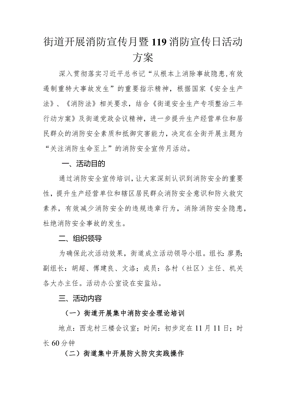 街道开展消防宣传月暨119消防宣传日活动方案.docx_第1页