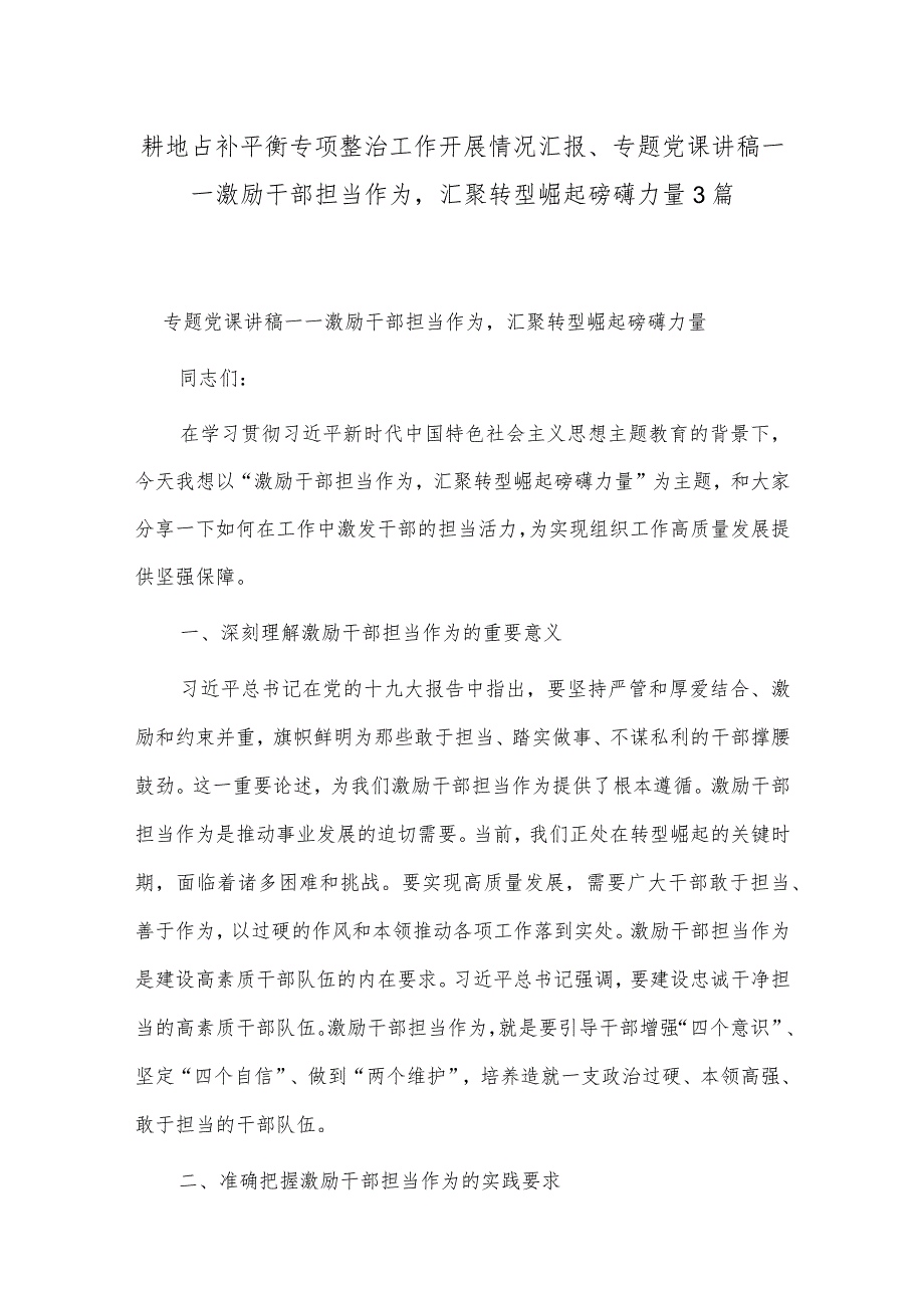 耕地占补平衡专项整治工作开展情况汇报、专题党课讲稿——激励干部担当作为汇聚转型崛起磅礴力量3篇.docx_第1页