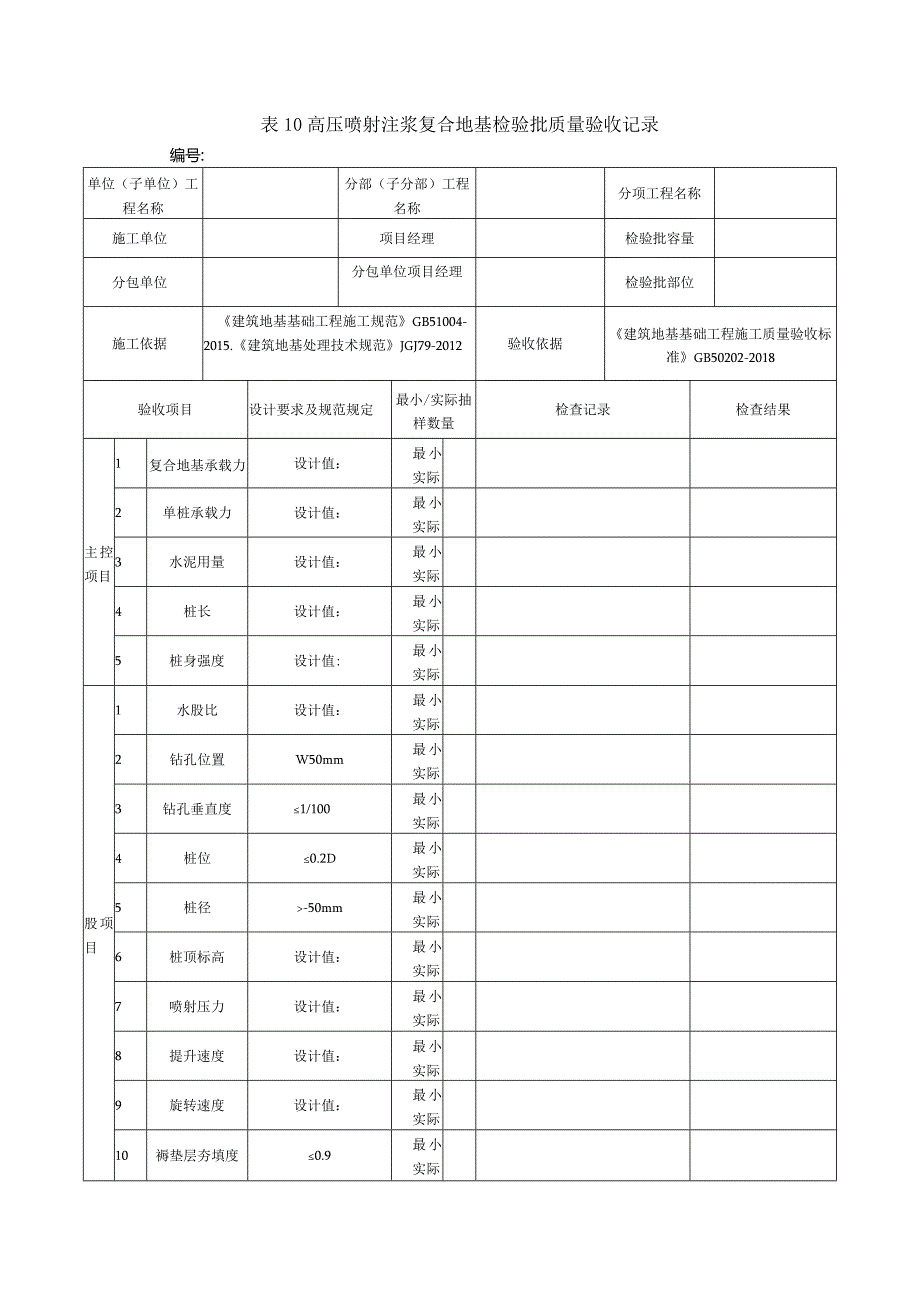 表10高压喷射注浆复合地基检验批质量验收记录.docx_第1页