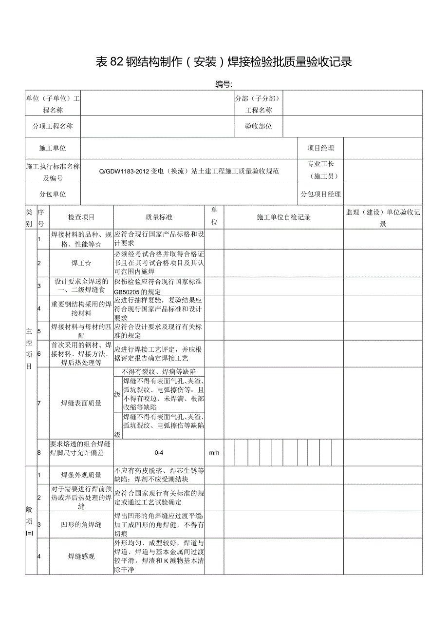 表82钢结构制作(安装)焊接检验批质量验收记录.docx_第1页